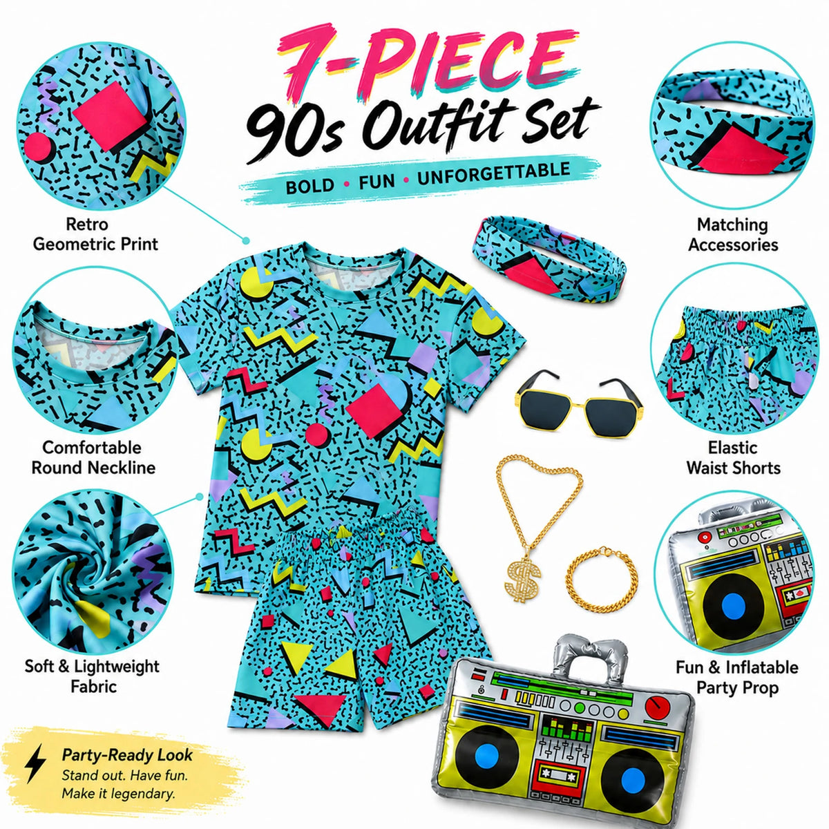 Close-up details of blue retro printed kids T-shirt shorts and accessories