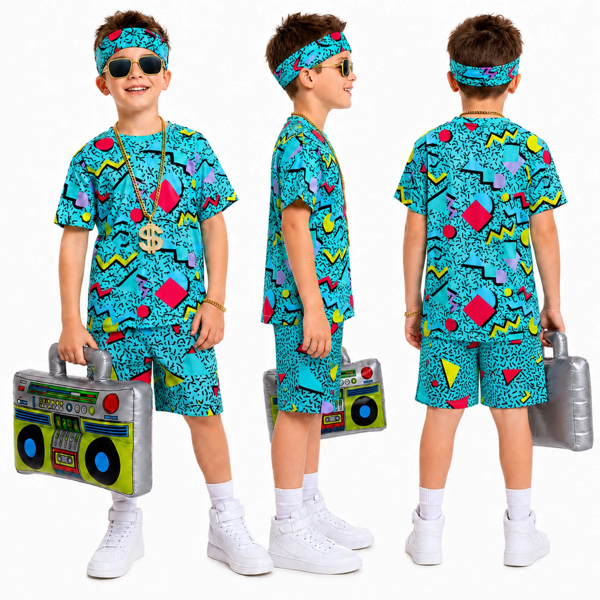 Front side and back views of blue kids retro printed costume