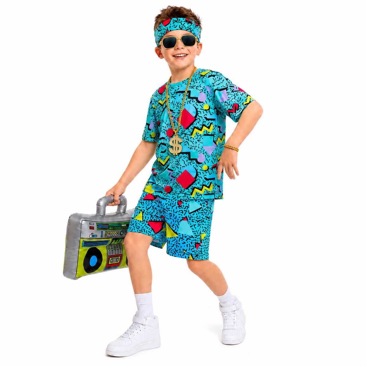 Front view of child wearing blue retro printed T-shirt and shorts costume