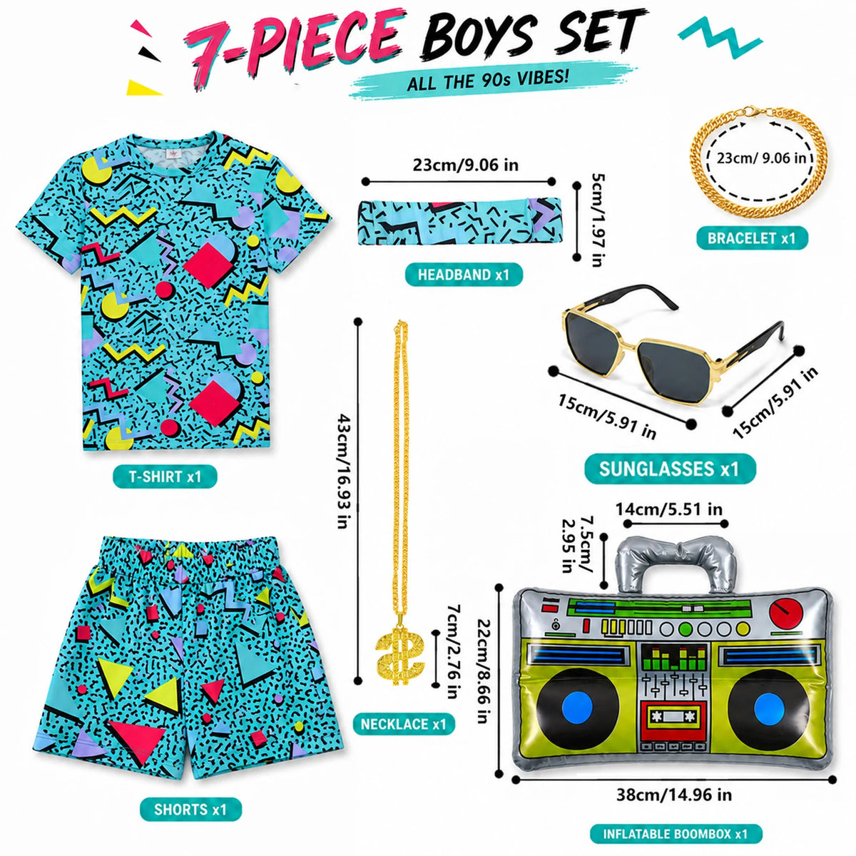 Blue 7-piece kids retro costume with T-shirt shorts headband bracelet necklace sunglasses and inflatable boombox