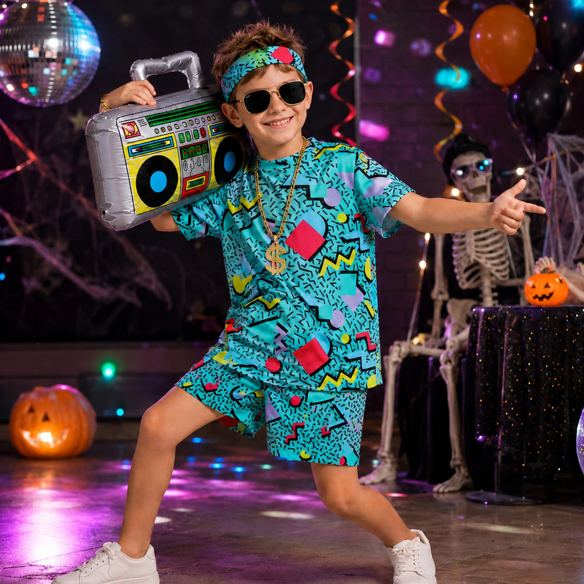 Child wearing blue retro party costume with inflatable boombox in themed scene