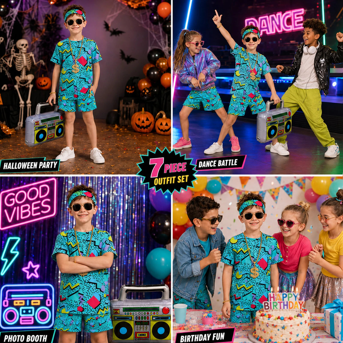 Blue kids retro costume shown in multiple party and dress-up scenes