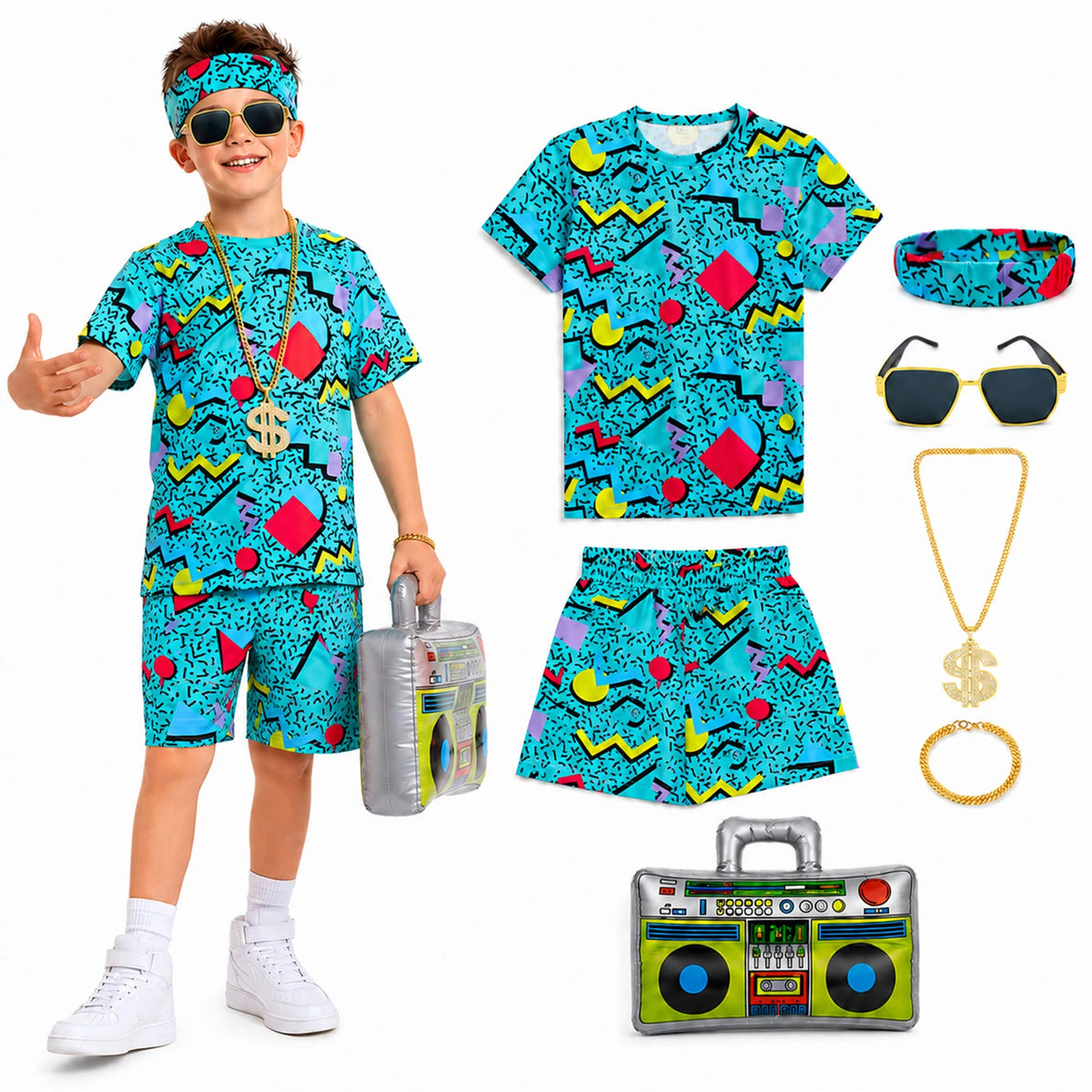 Child wearing blue retro party costume set with printed T-shirt shorts headband sunglasses necklace bracelet and inflatable boombox