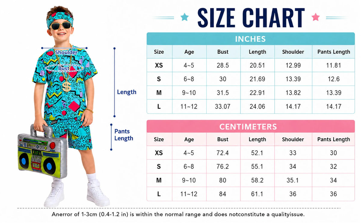 Blue kids retro costume size chart for source sizes XS S M and L