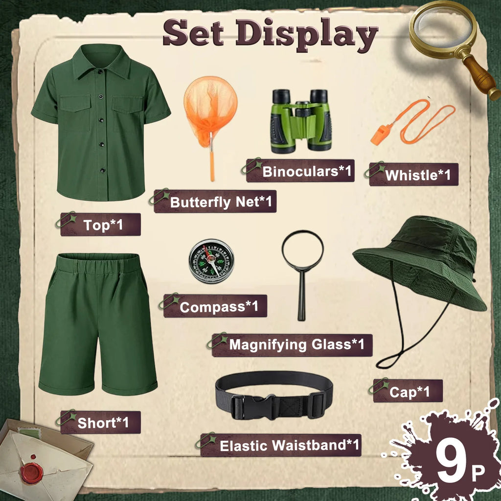 Labeled set-display graphic showing all 9 included pieces for the green safari explorer costume set: shirt, shorts, hat, belt, binoculars, butterfly net, whistle, compass and magnifying glass.