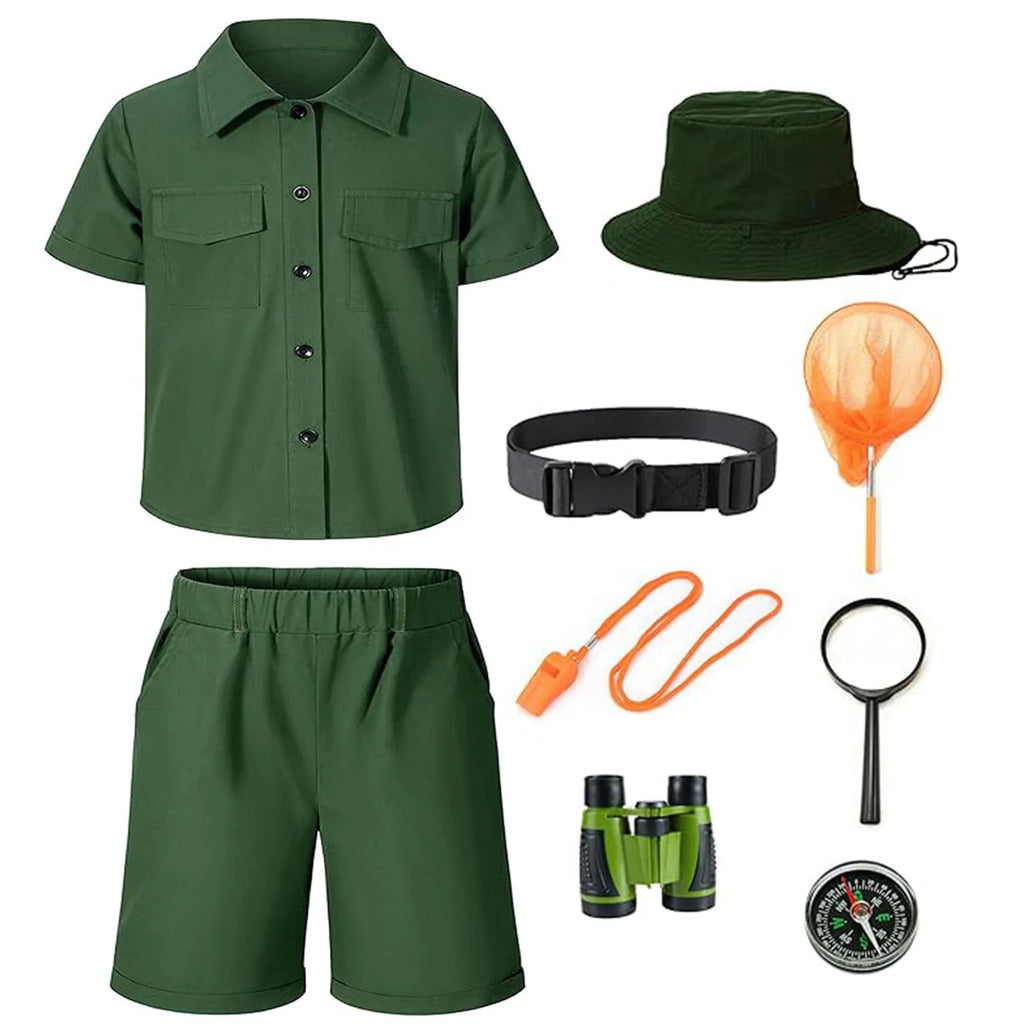 Flat lay of the green safari explorer costume pieces: shirt, shorts, hat, belt, binoculars, magnifying glass, whistle and compass.