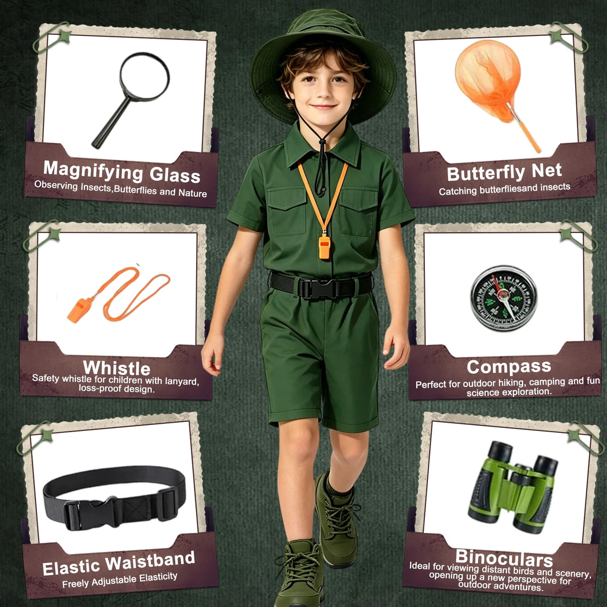 Boy wearing the green safari explorer costume with callouts describing the magnifying glass, butterfly net, whistle, compass, belt and binoculars accessories.