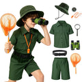 Boy modeling the green safari explorer costume while using the included binoculars and butterfly net, surrounded by individual images of the hat, shirt, belt, compass, whistle and magnifying glass.