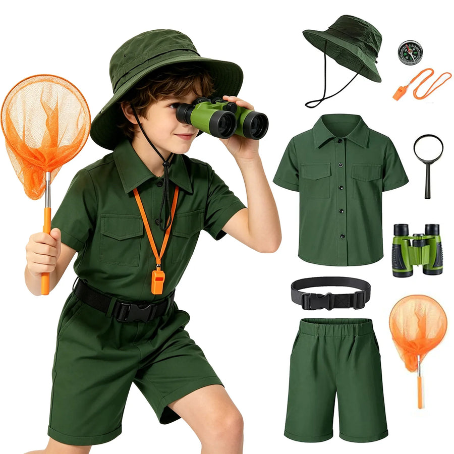 Boy modeling the green safari explorer costume while using the included binoculars and butterfly net, surrounded by individual images of the hat, shirt, belt, compass, whistle and magnifying glass.