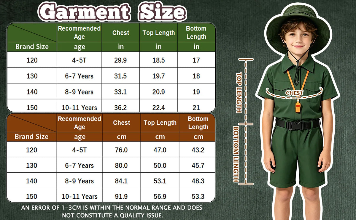 Green explorer costume size chart listing chest, top length and bottom length in centimeters and inches for sizes 120 through 150.