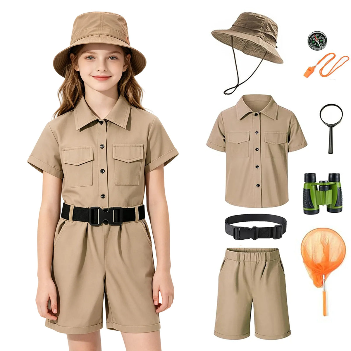 Girl modeling the khaki safari explorer costume set, standing front-facing, surrounded by individual images of the hat, shirt, belt, butterfly net, shorts, binoculars, magnifying glass and compass.
