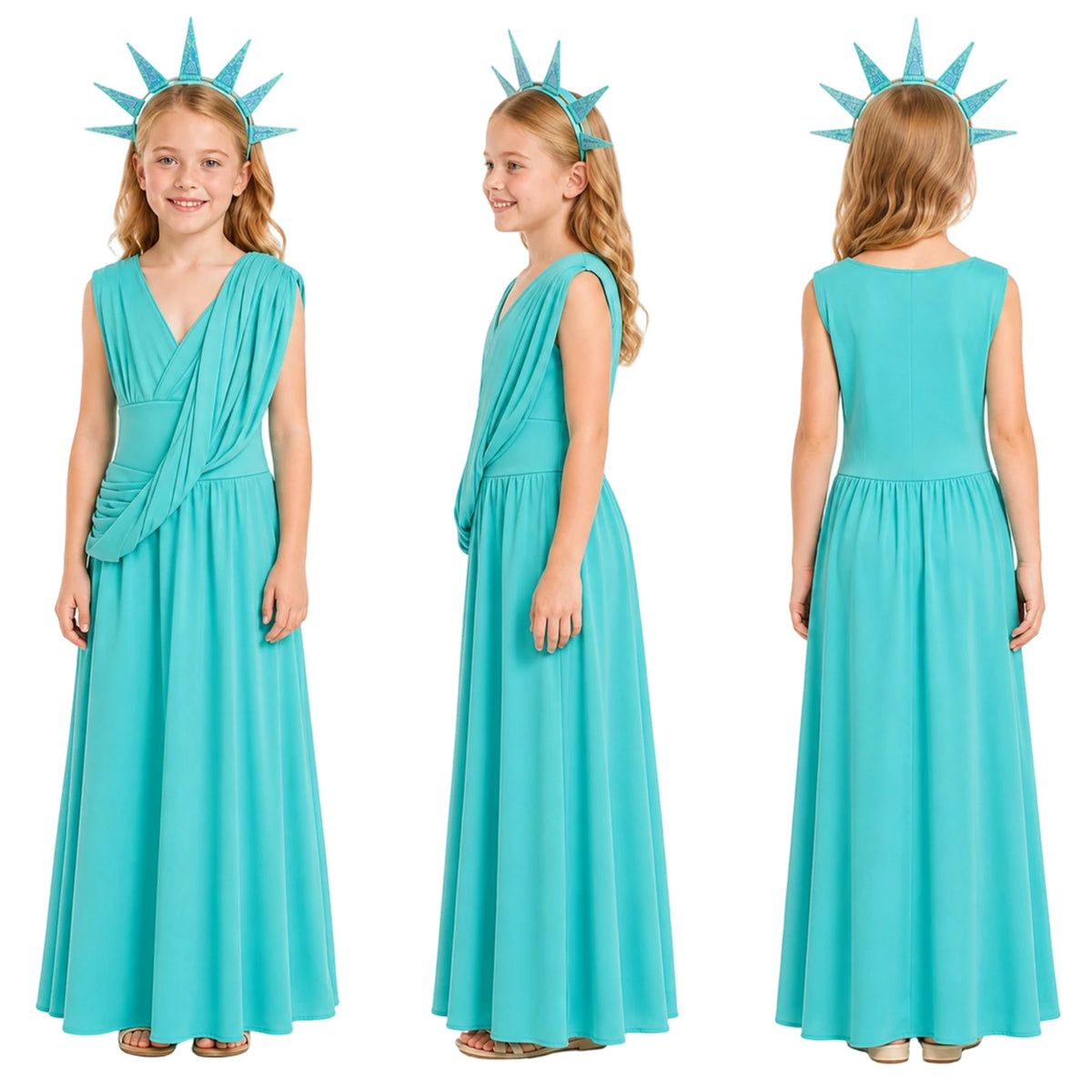 Front, side and back views show the turquoise Statue of Liberty dress and pointed crown worn by a girl.