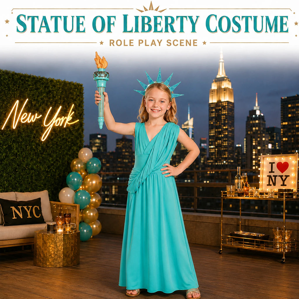 Girl wearing a turquoise Statue of Liberty costume holds the torch in a New York themed party setting.