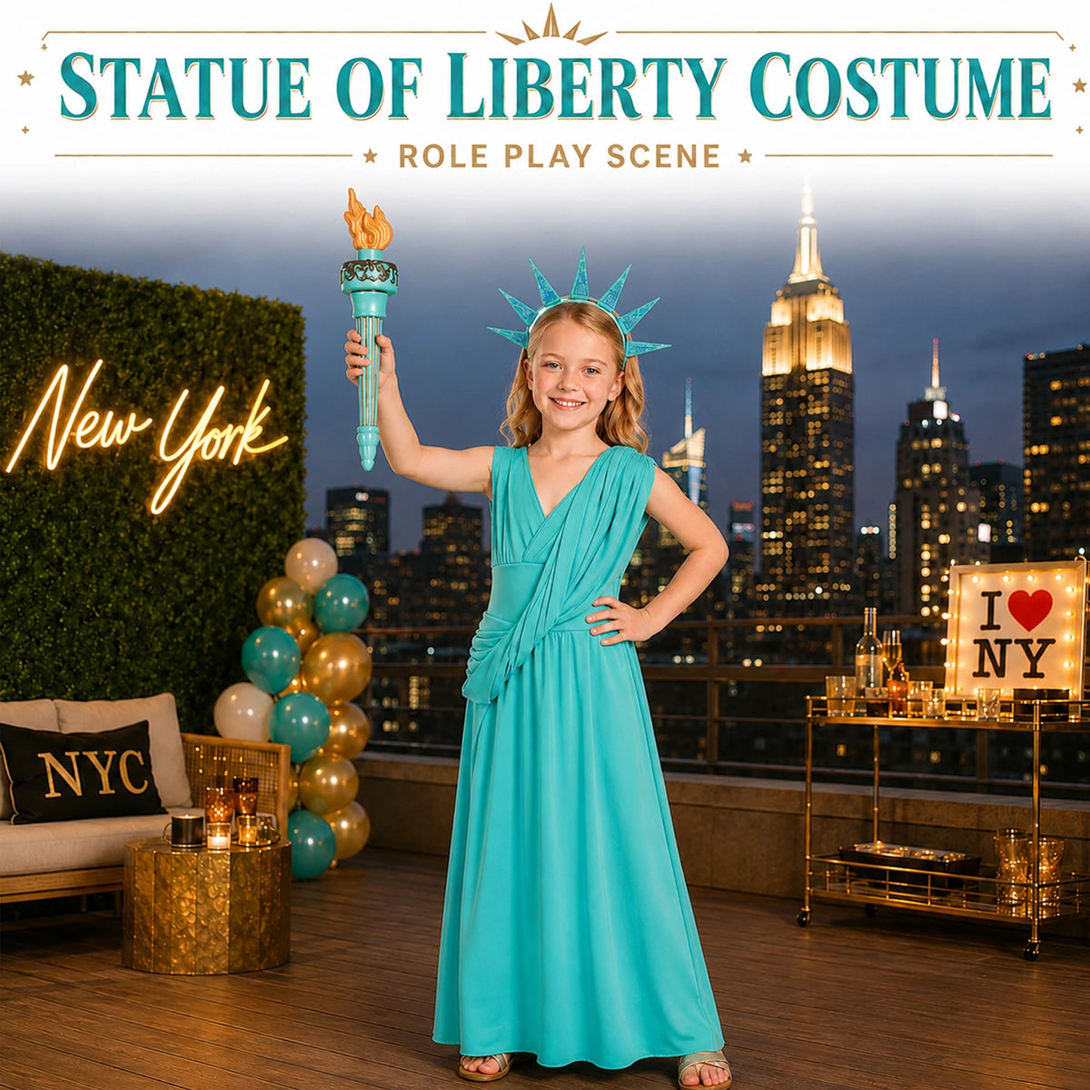 Girl wearing a turquoise Statue of Liberty costume holds the torch in a New York themed party setting.