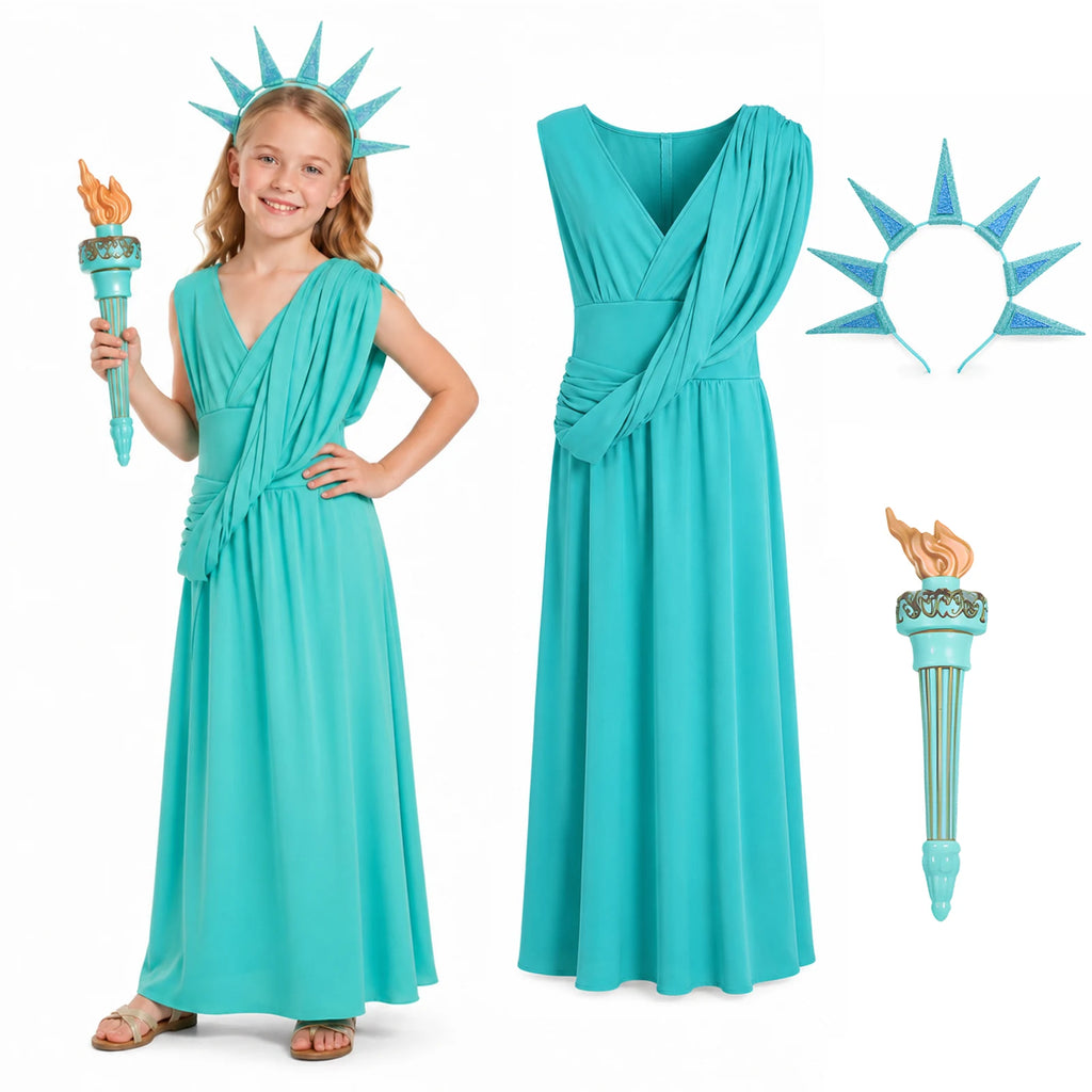 Girl wearing a turquoise Statue of Liberty costume with the included crown headband and handheld torch.