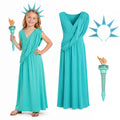 Girl wearing a turquoise Statue of Liberty costume with the included crown headband and handheld torch.