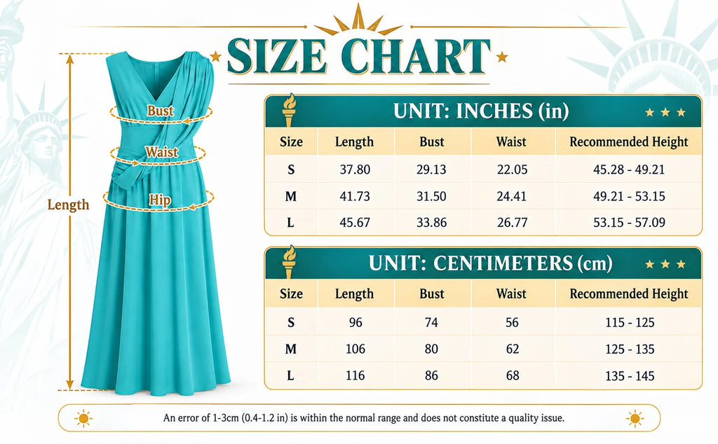 Children’s Statue of Liberty costume size chart shows dress length, bust, waist and suggested height for sizes S, M and L.