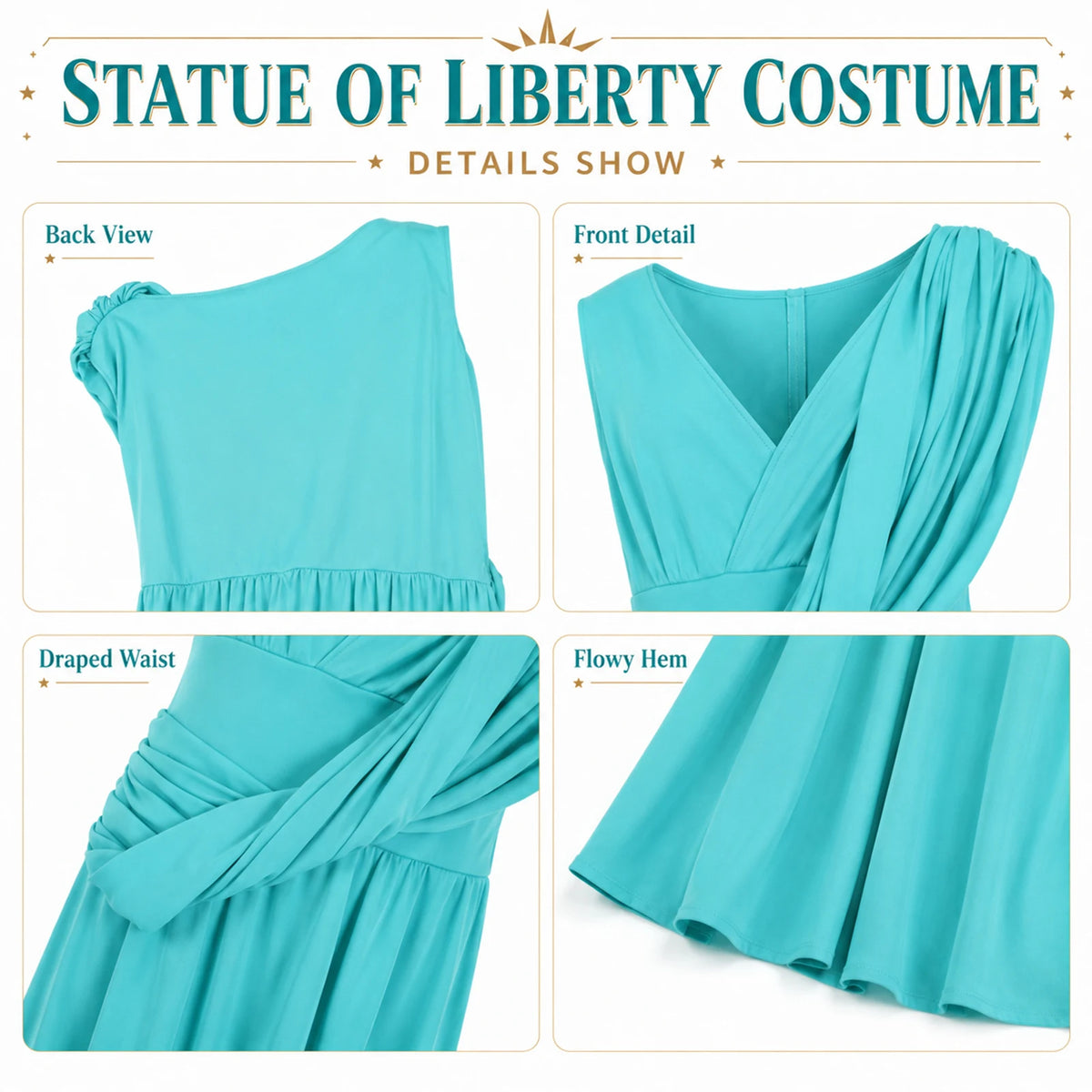 Children’s Statue of Liberty dress details show the neckline, gathered back, draped waist and flowing hem.