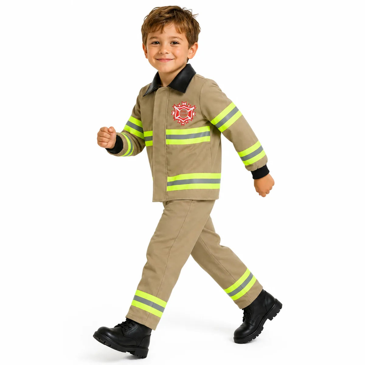 Child wearing tan firefighter jacket and pants costume