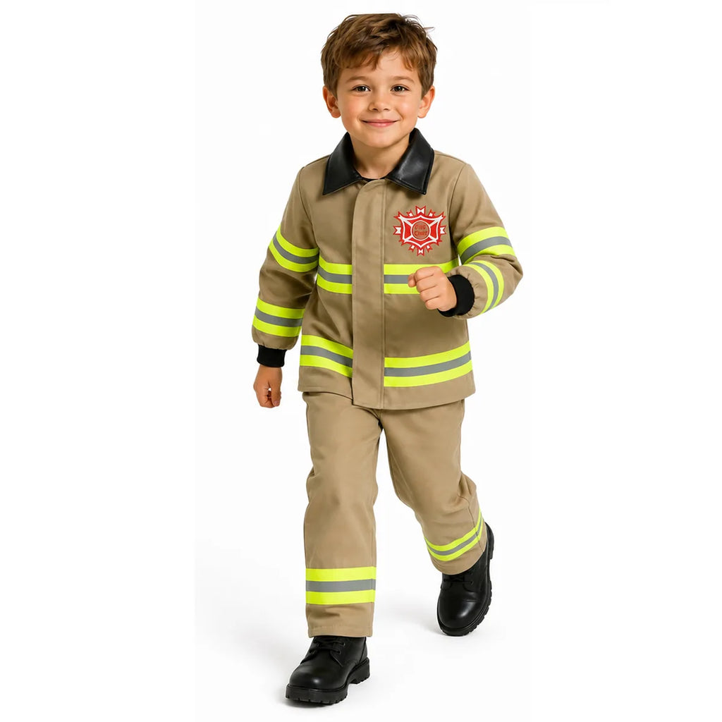 Kids tan firefighter costume full outfit action view