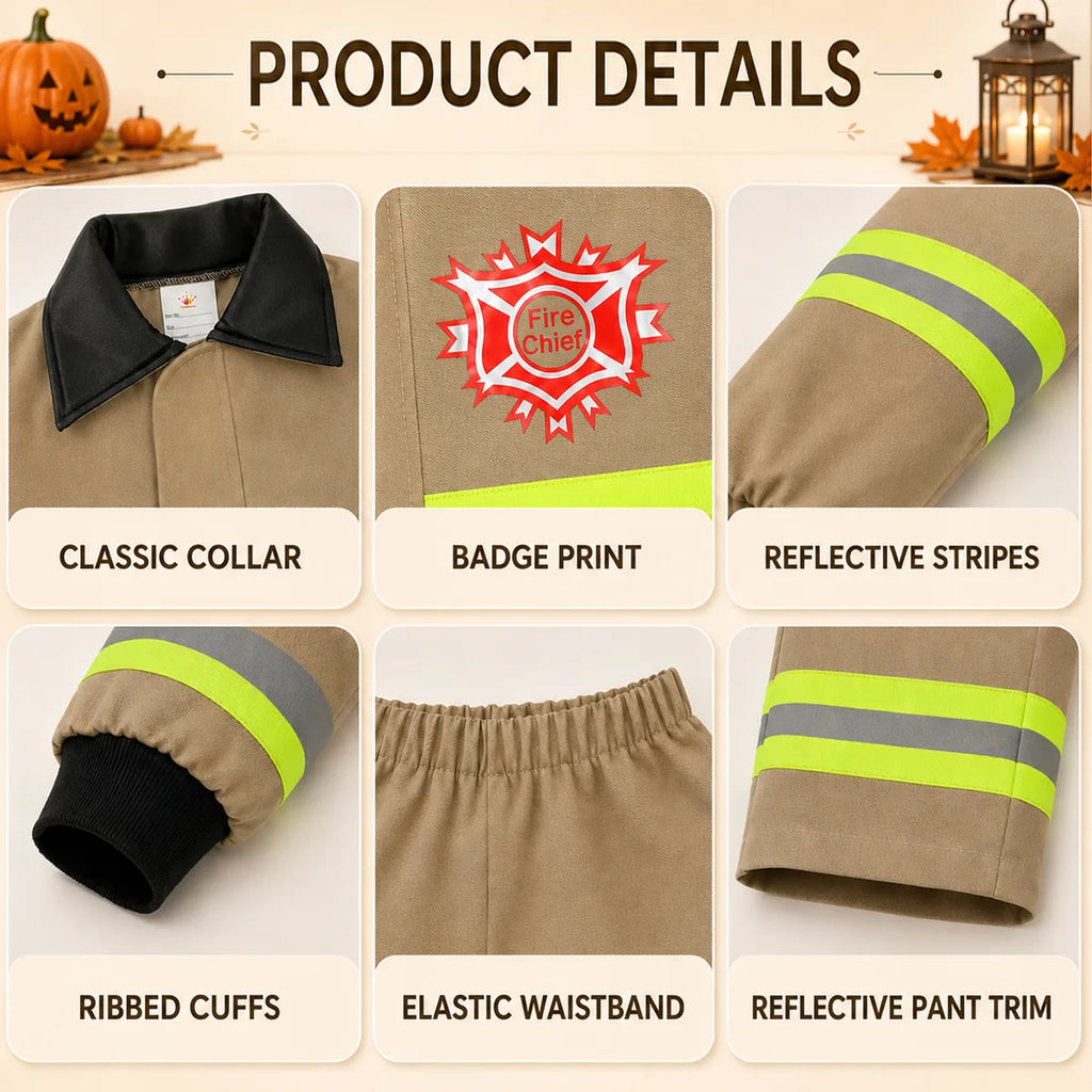 Kids firefighter jacket collar badge cuffs waistband and trim details