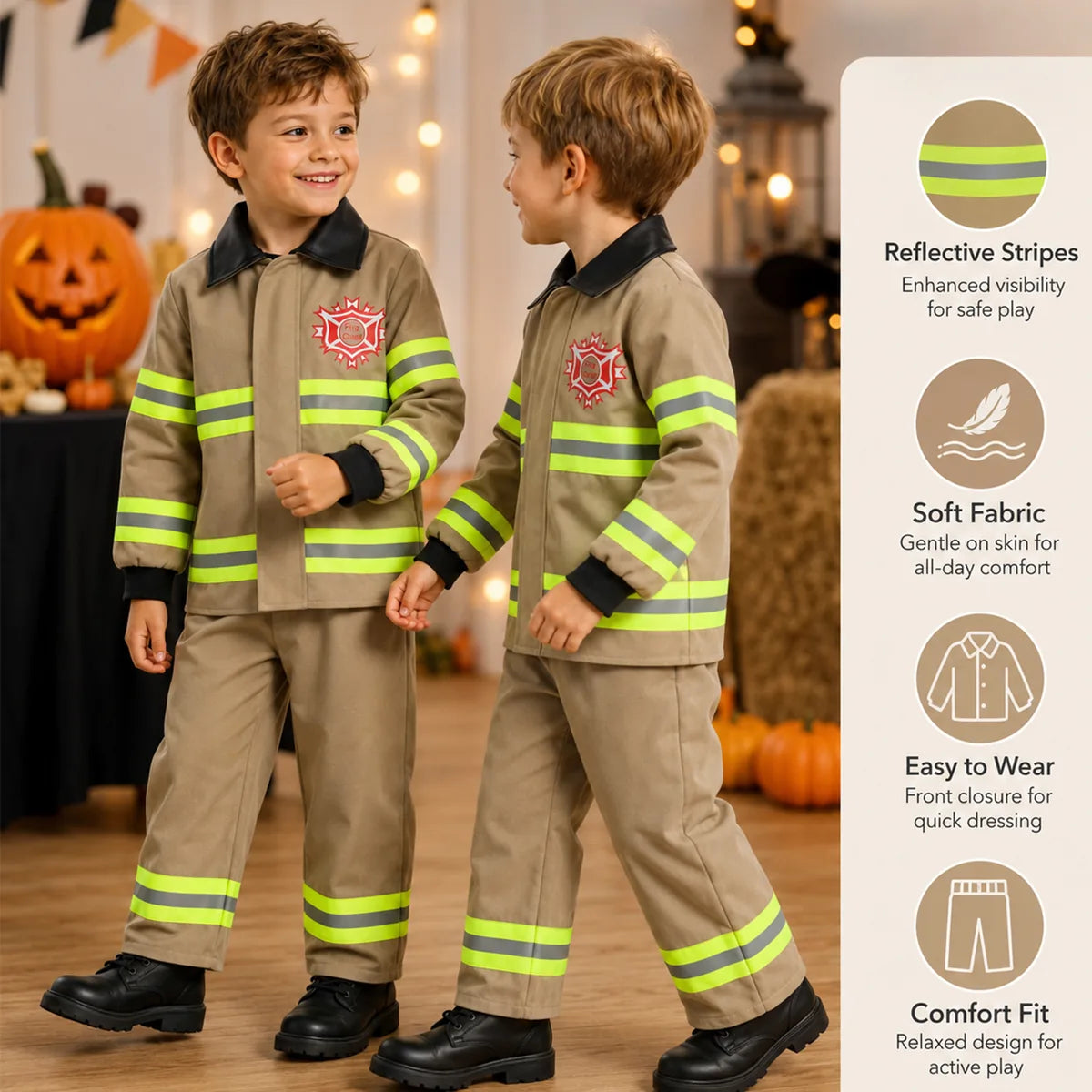 Tan firefighter costume reflective stripe and comfort features