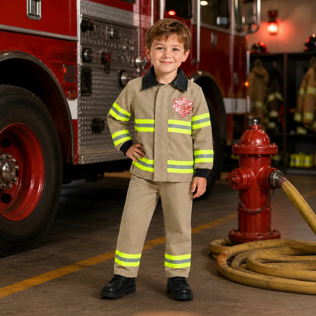 Child firefighter costume at fire station themed scene