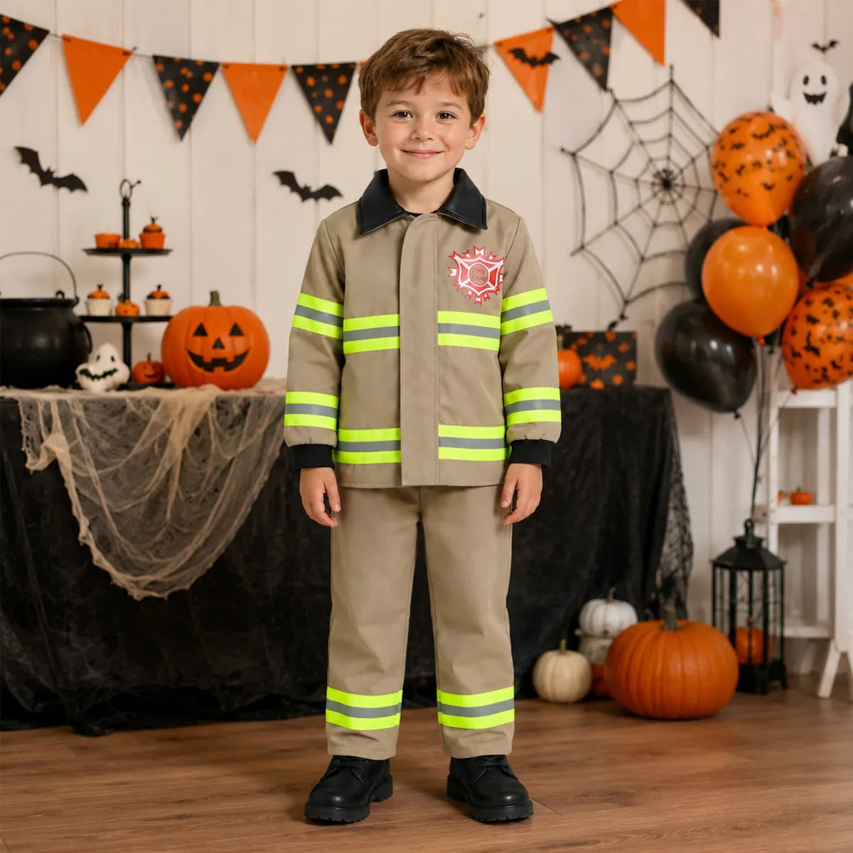 Kids tan firefighter costume in Halloween party scene
