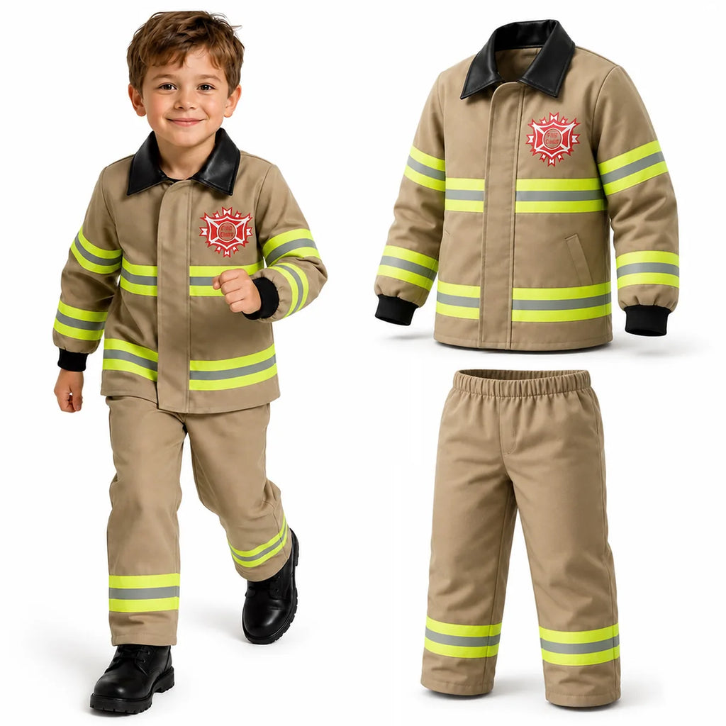Kids tan firefighter costume with jacket and pants