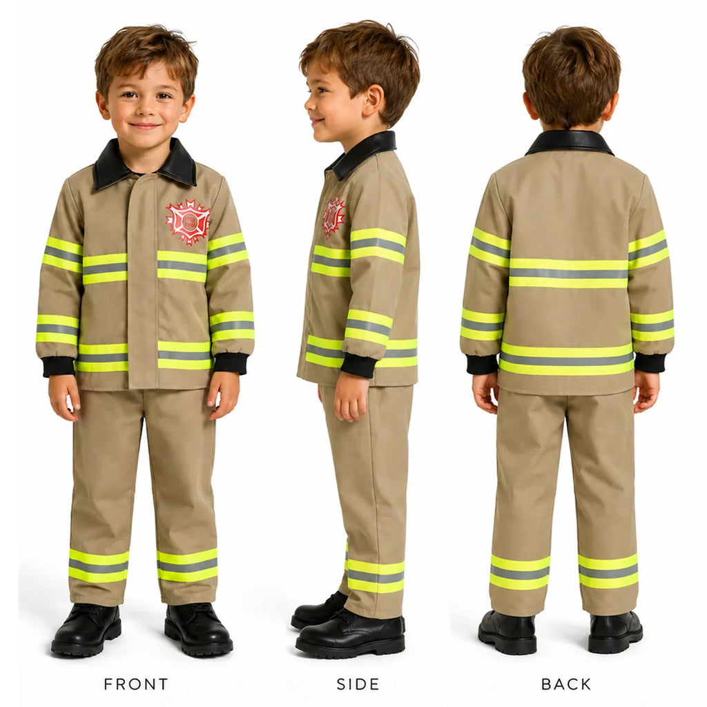 Kids firefighter costume front side and back views