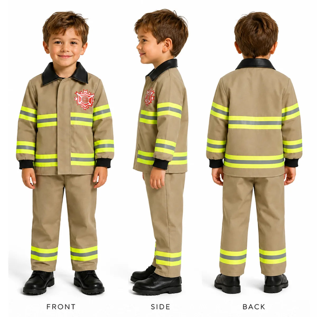 Kids firefighter costume front side and back views
