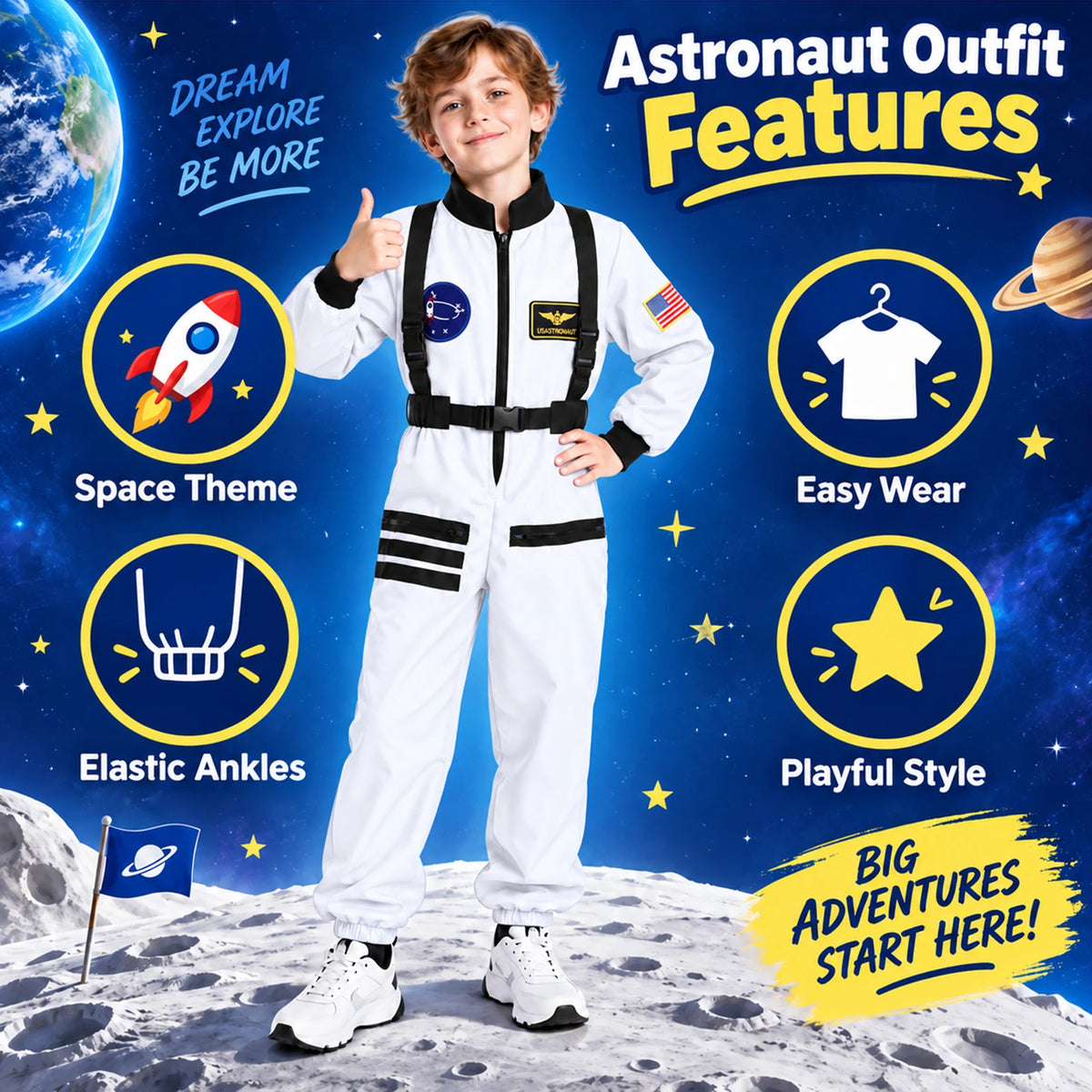 Astronaut outfit feature graphic shows a child in white beside labels Space Theme Easy Wear Elastic Ankles and Playful Style.
