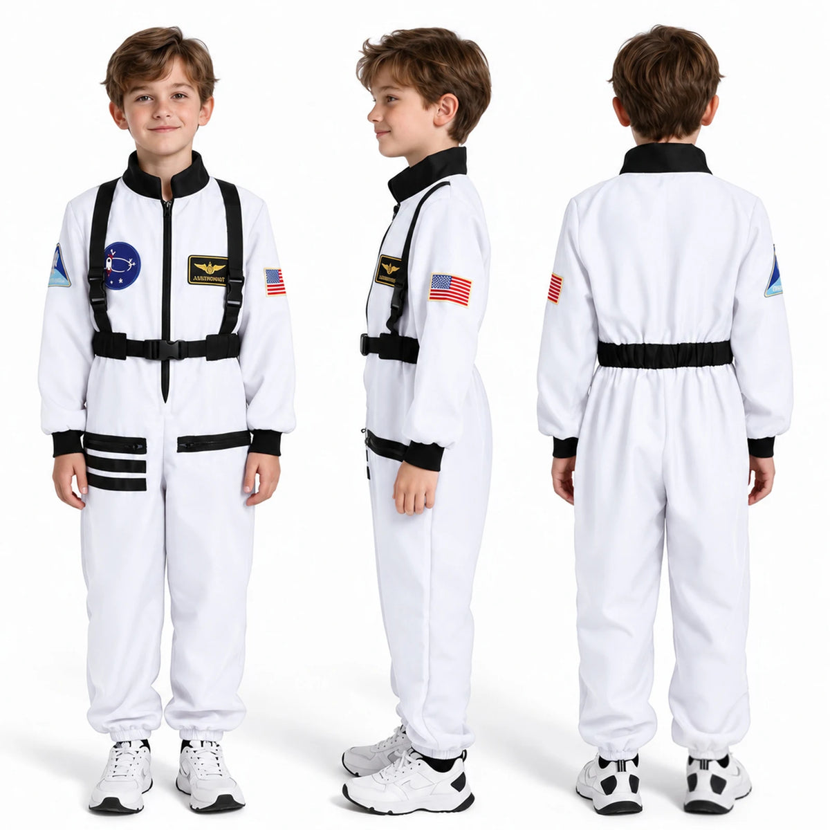 Front side and back views show a child wearing the white astronaut costume jumpsuit with black harness-style straps.