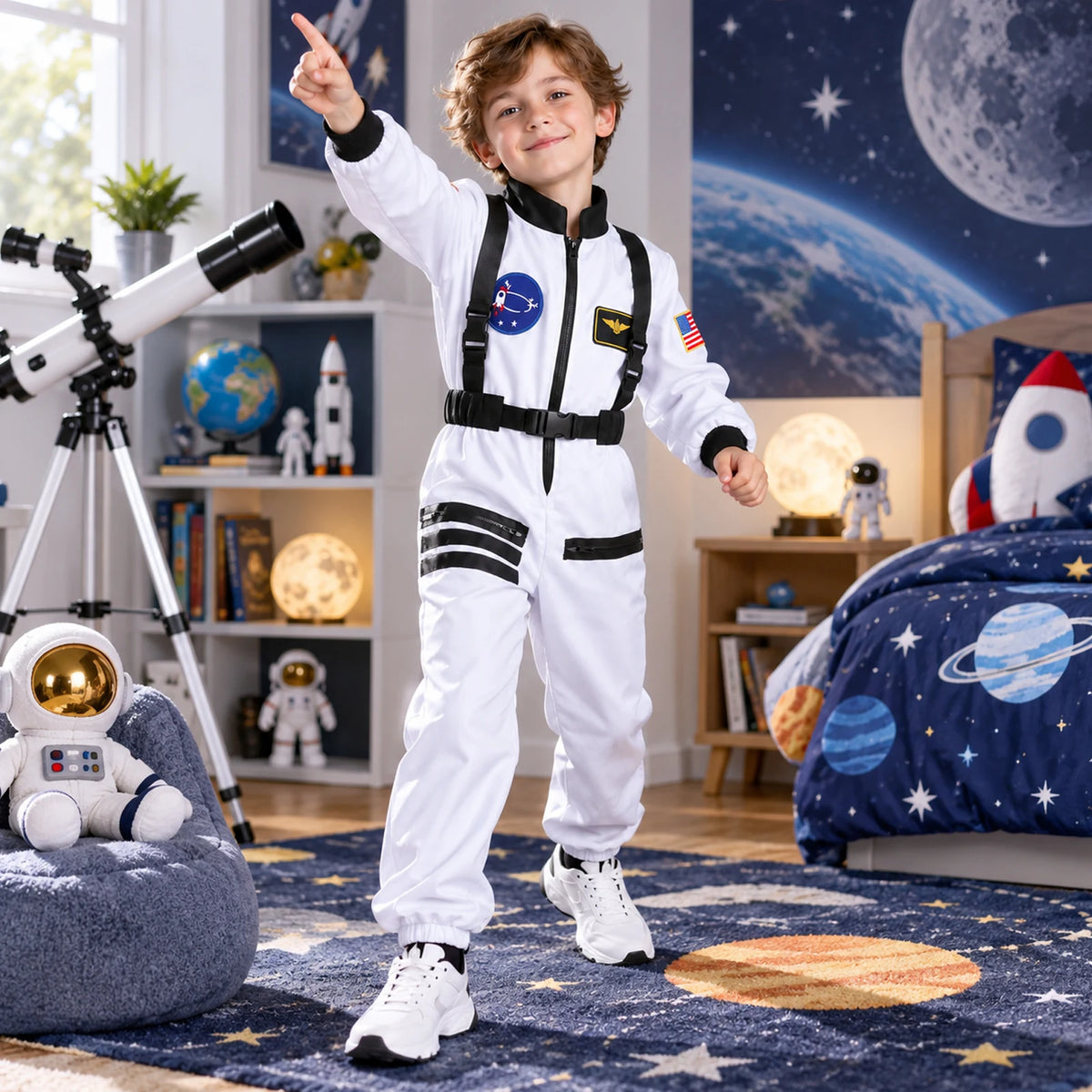 Child wearing a white astronaut costume raises one finger in a space-themed room beside a telescope and separate decorations.