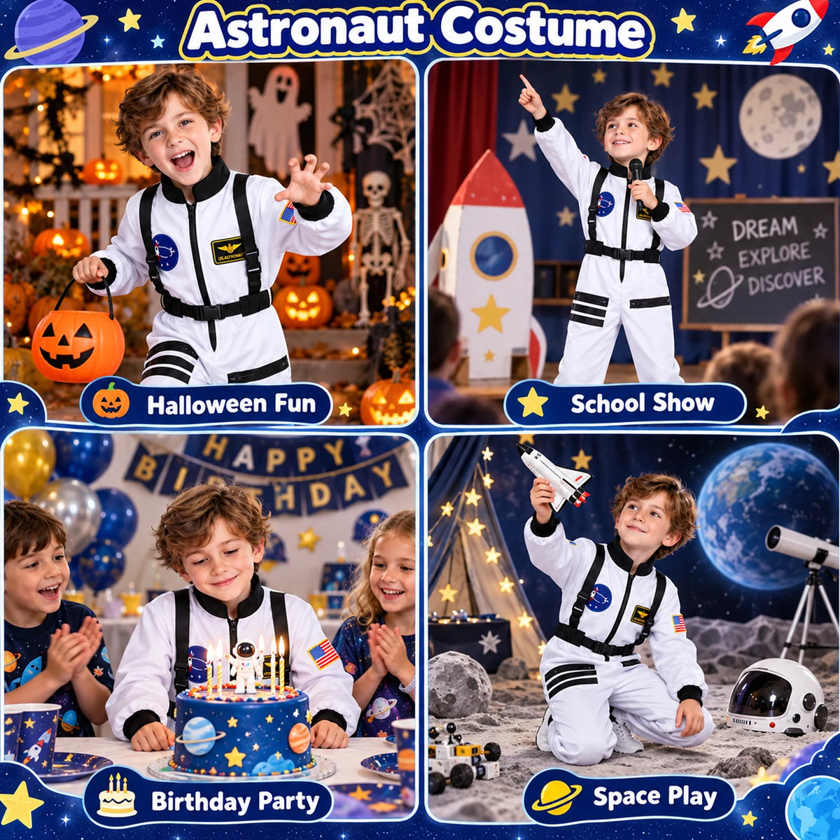 Four astronaut costume scenes show a child in white at Halloween a school show birthday party and space-themed play.