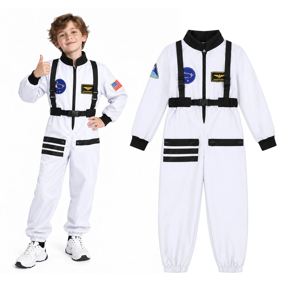 Child wearing a white astronaut jumpsuit poses beside a separate garment with black harness-style straps and space patches.
