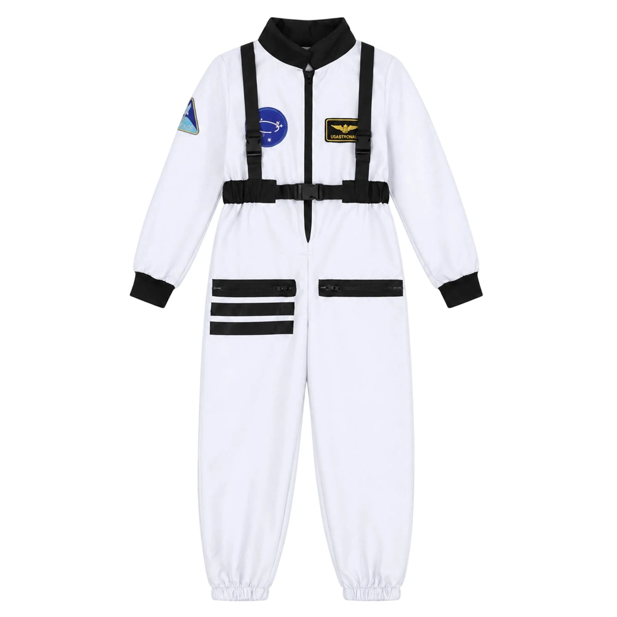 Separate white astronaut costume jumpsuit shows black collar cuffs harness-style straps front zipper and space-themed patches.