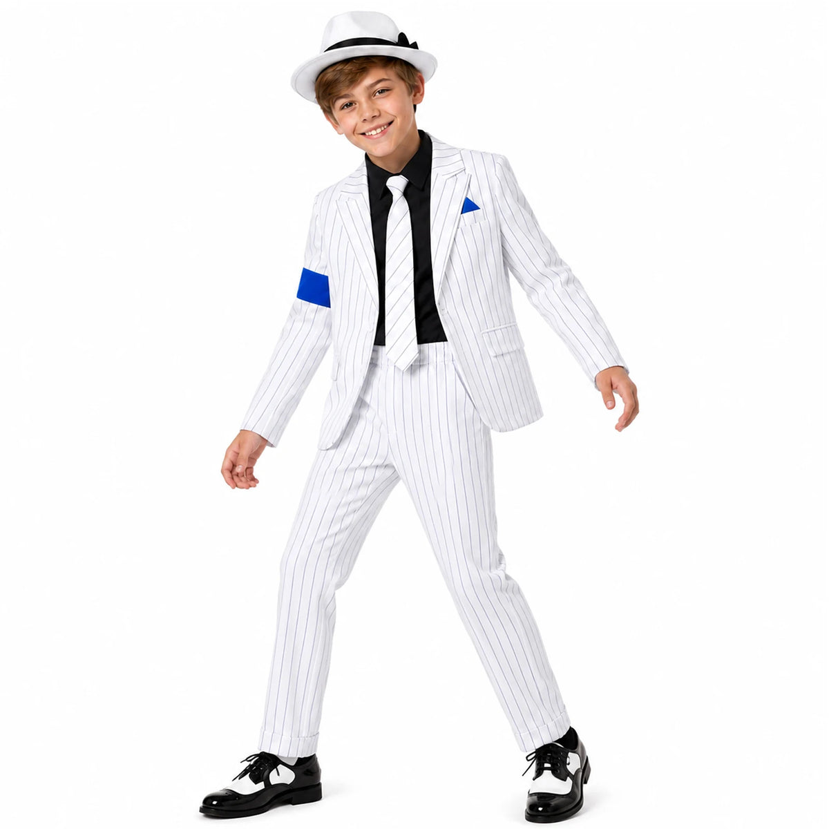 Boy posing in a white pinstripe costume suit with blue sleeve band and matching tie.