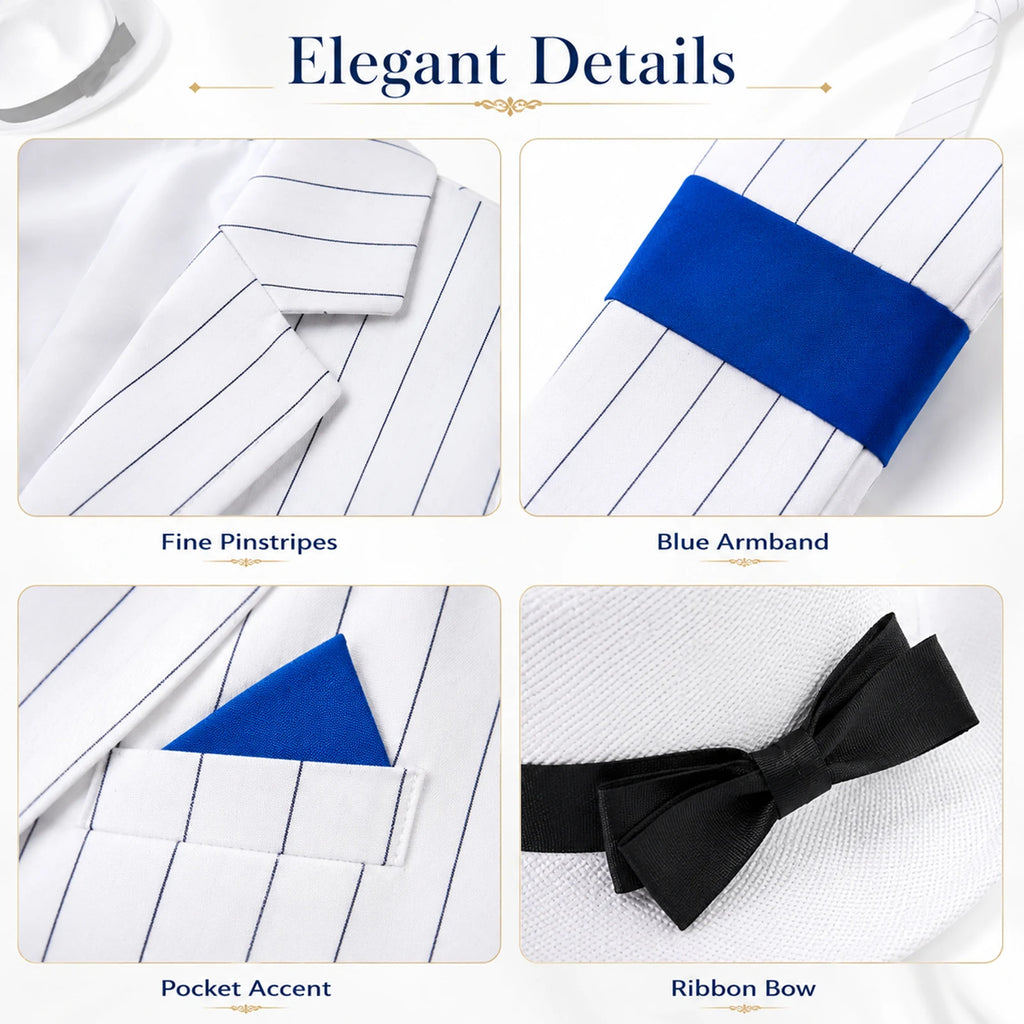 Detail panels show fine pinstripes a blue sleeve band pocket accent and black hat ribbon.
