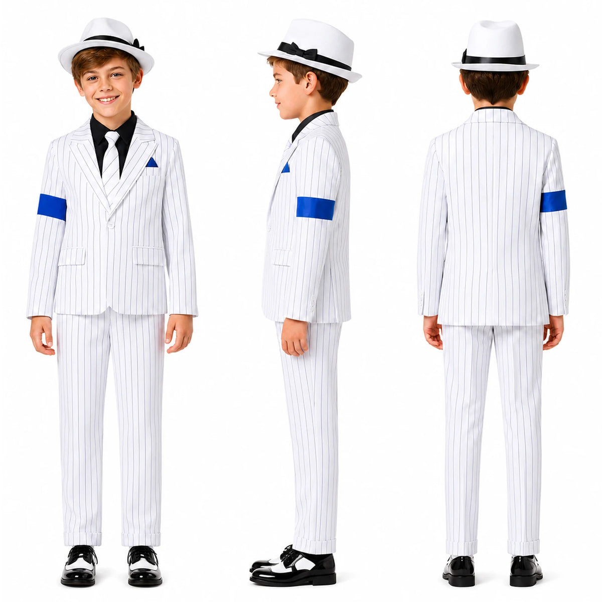Front side and back views show the white pinstripe blazer pants and fedora on a child.