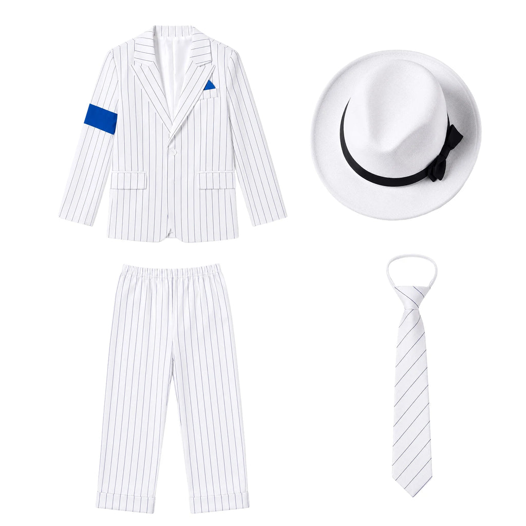 Boy wearing a white pinstripe blazer and pants beside the matching fedora and necktie.