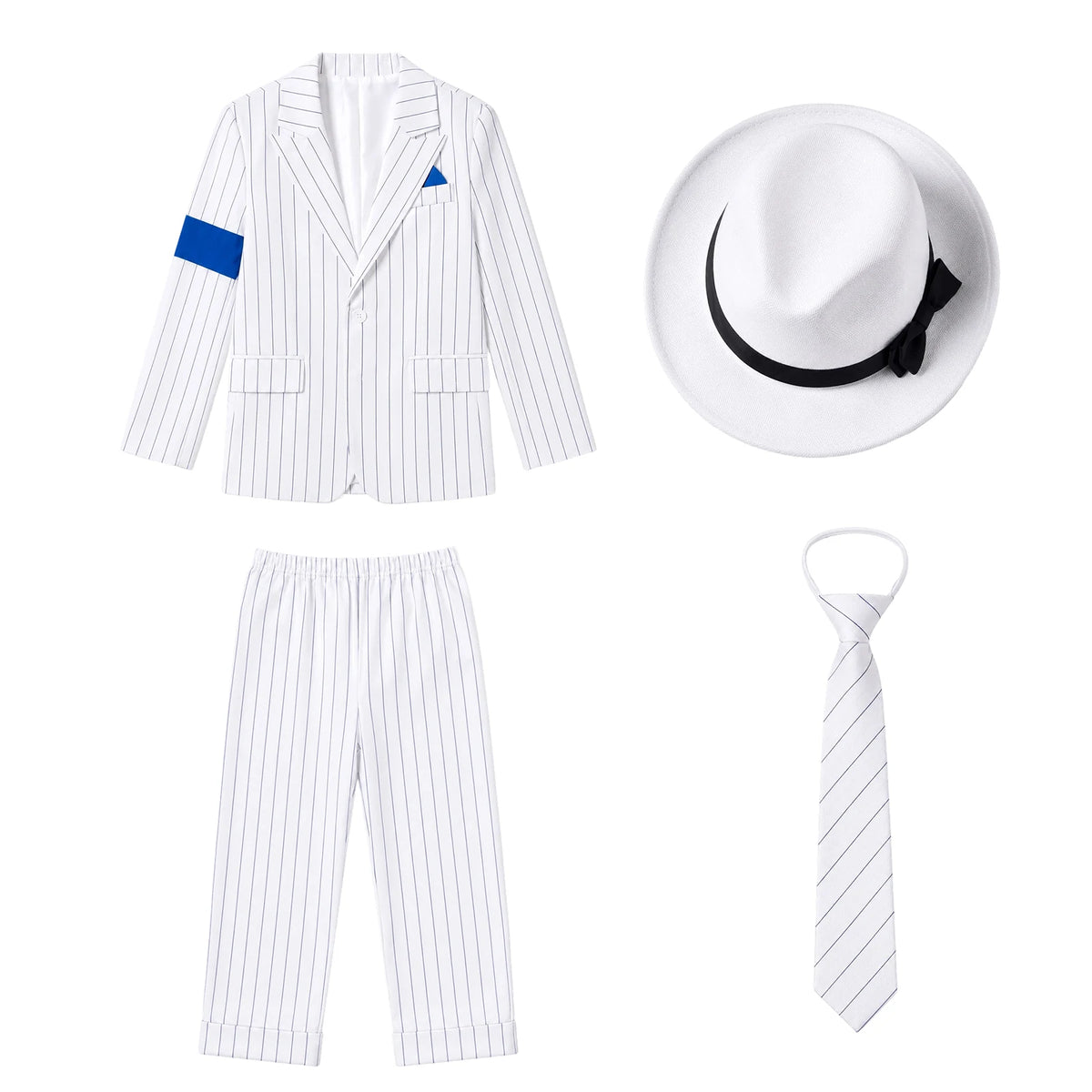 Boy wearing a white pinstripe blazer and pants beside the matching fedora and necktie.
