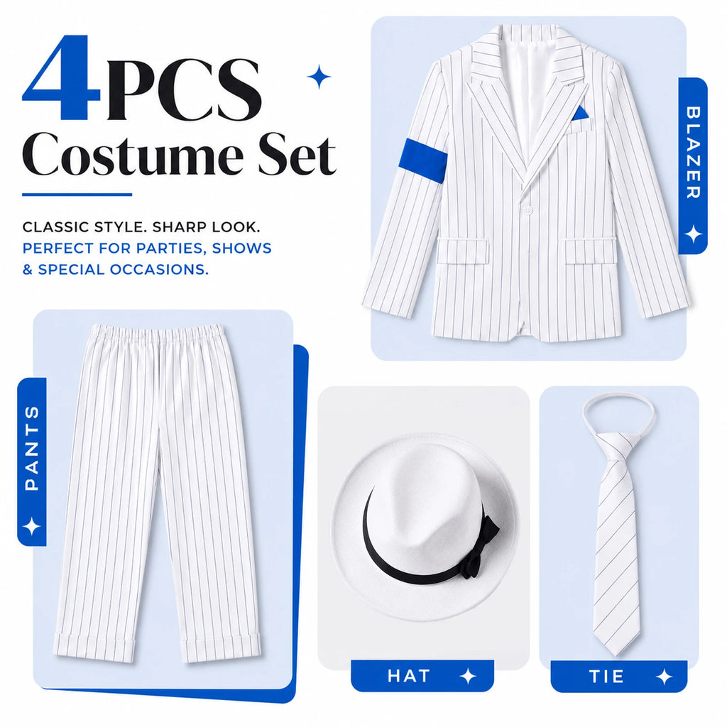 Four separate costume pieces show a white pinstripe blazer pants fedora and necktie.