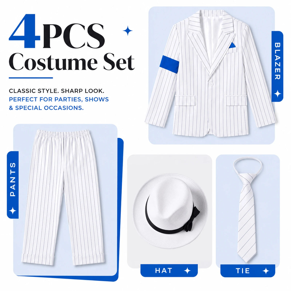 Four separate costume pieces show a white pinstripe blazer pants fedora and necktie.