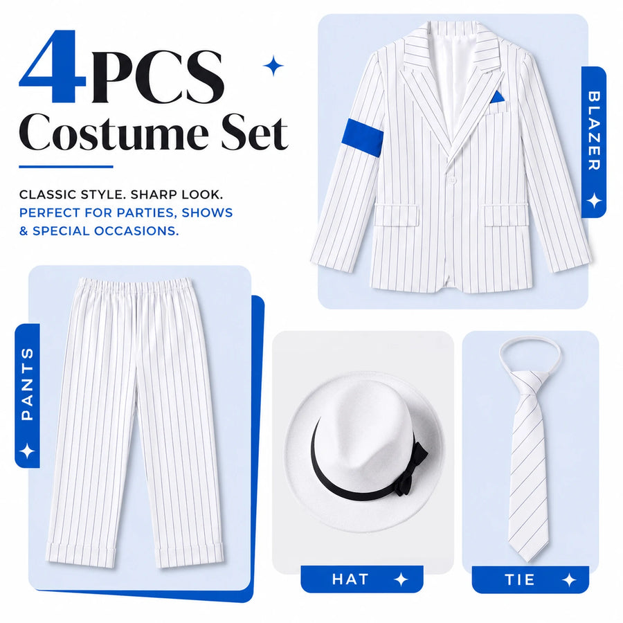 Four separate costume pieces show a white pinstripe blazer pants fedora and necktie.