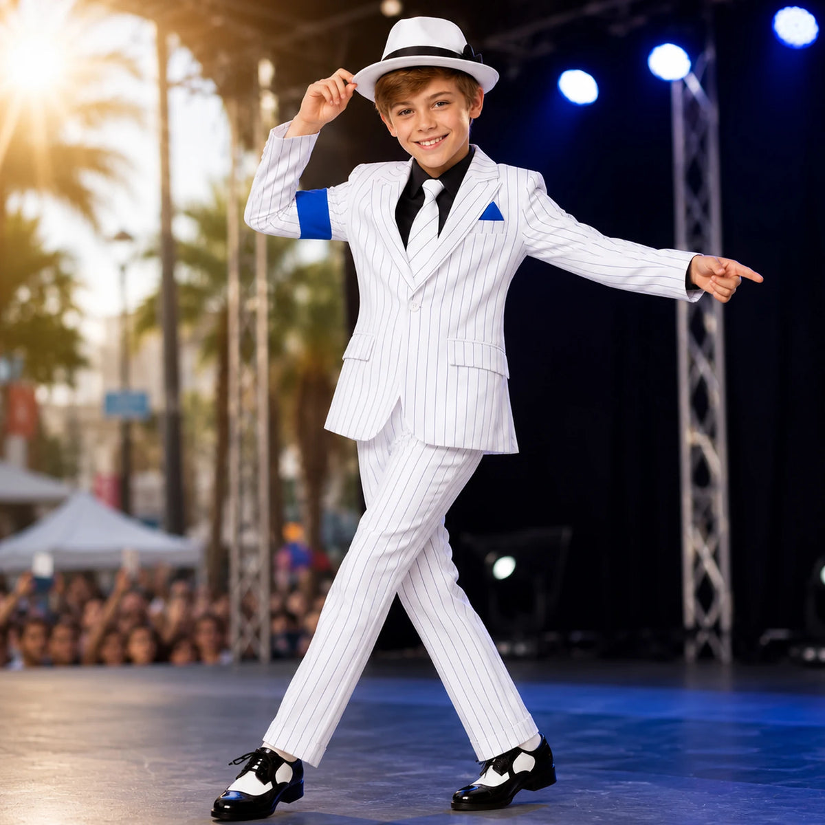Boy wearing a white pinstripe costume suit and fedora in a stage themed setting.