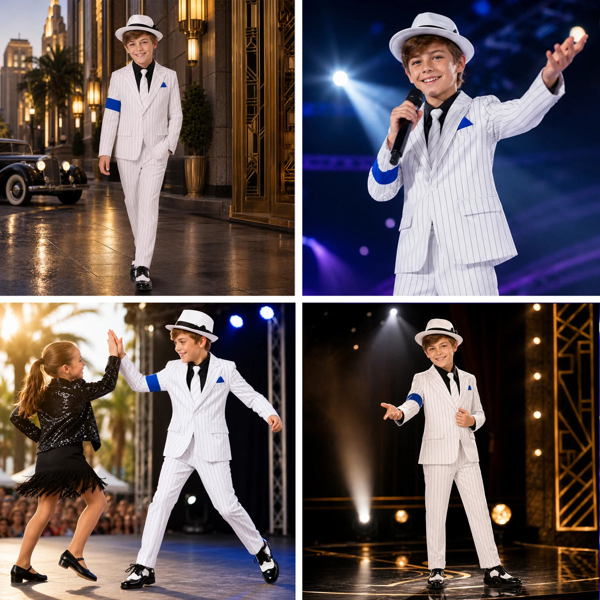 Multiple performance scenes show a child wearing the white pinstripe suit with his own footwear.