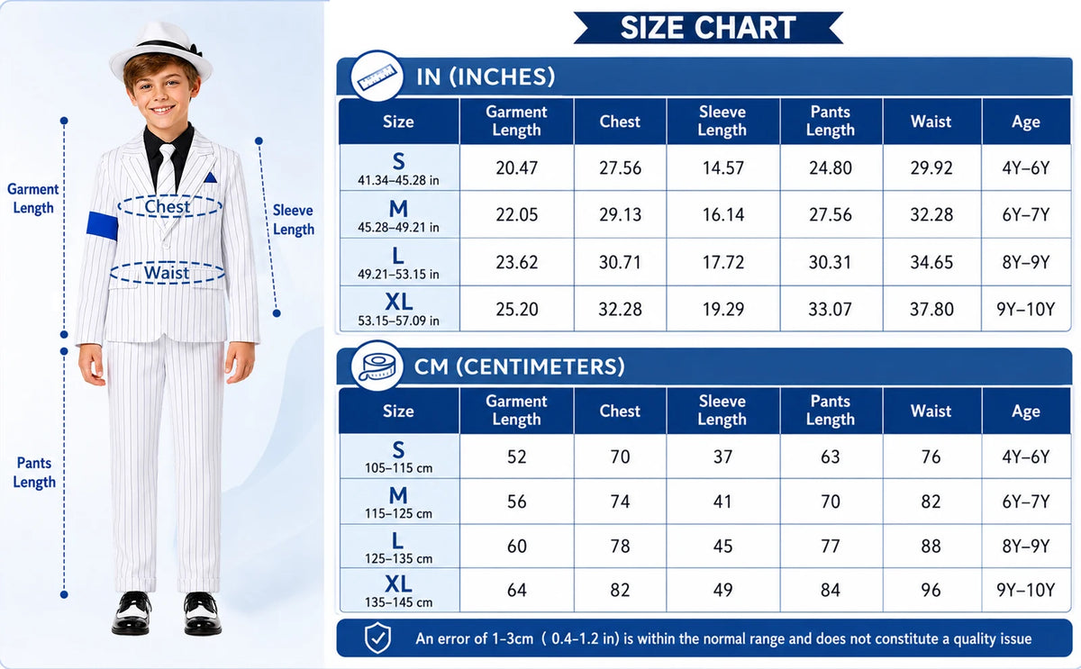 Original white pinstripe suit size chart shows S through XL garment measurements in centimeters and inches.