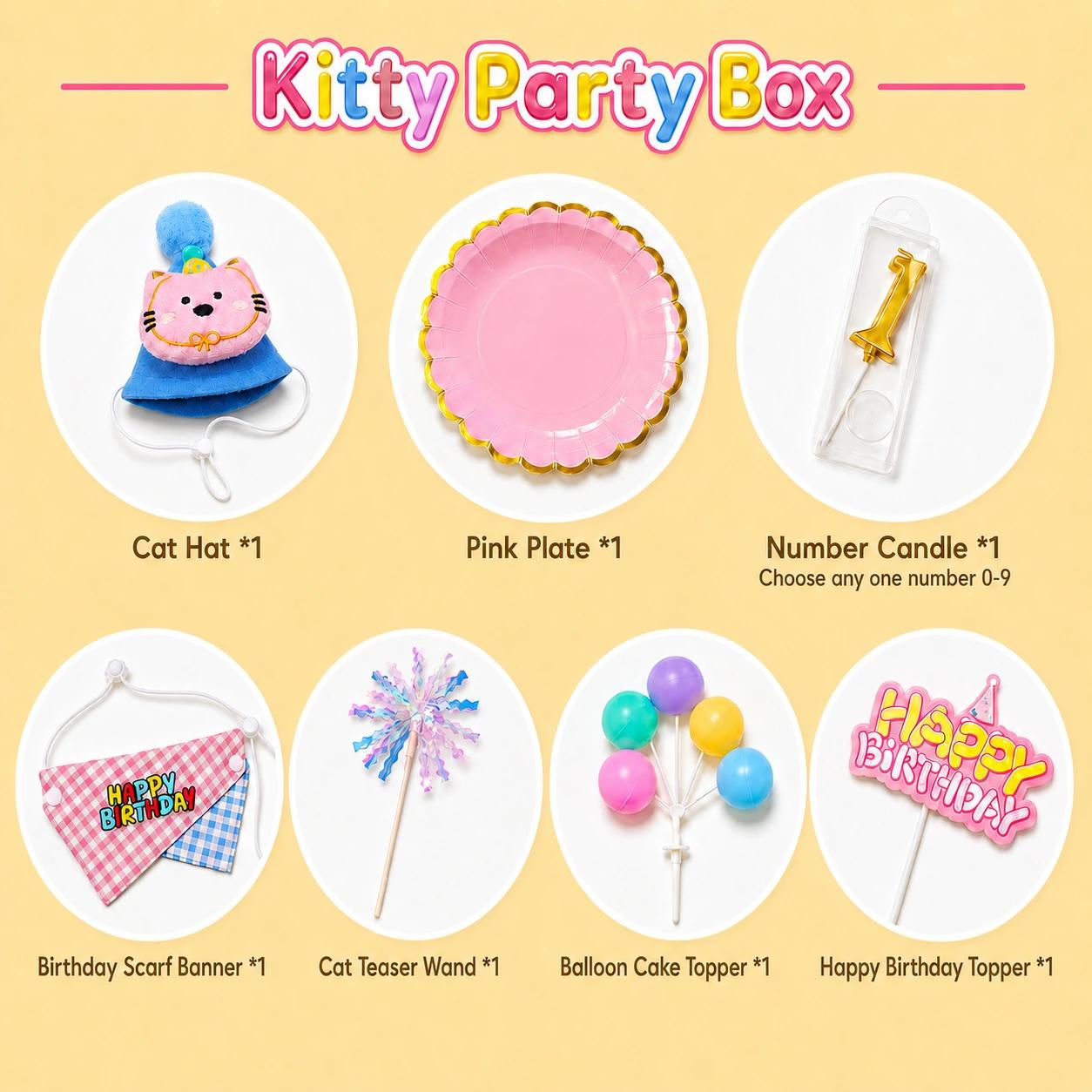 Kitty party box contents with cat hat, pink plate, number candle, birthday scarf banner, cat teaser wand, balloon cake topper, and happy birthday topper.