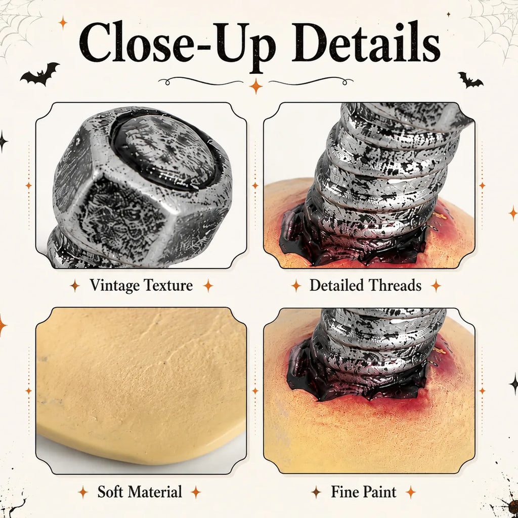 Close-up details of the latex screw prosthetic, showing visible texture, color, and construction.